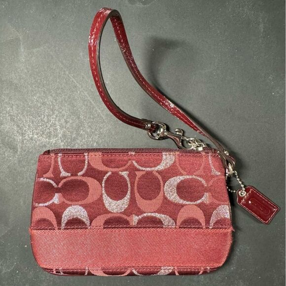 Coach 3 Color Wine Metallic Silver Signature C Striped Wristlet 47790 Burgundy - Picture 1 of 4
